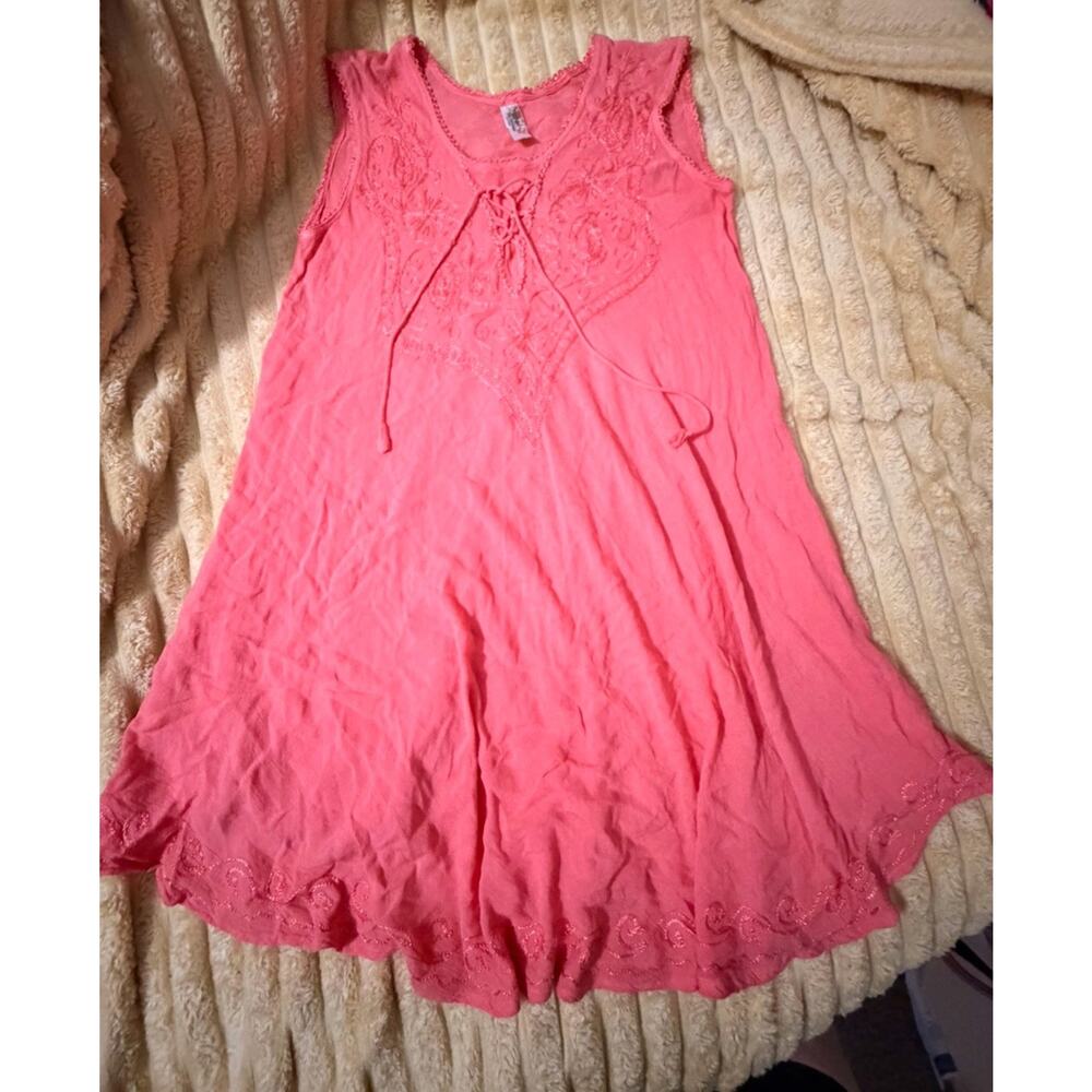 Women’s Sleeveless Boho Embroidered Swim Cover Dress Salmon Pink Size Medium
